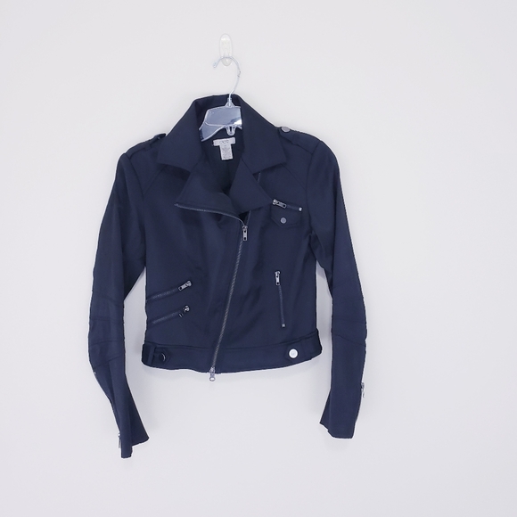 Caché Cropped Black Motorcyle Biker Jacket Polyester Size XS Cache - Picture 3 of 6